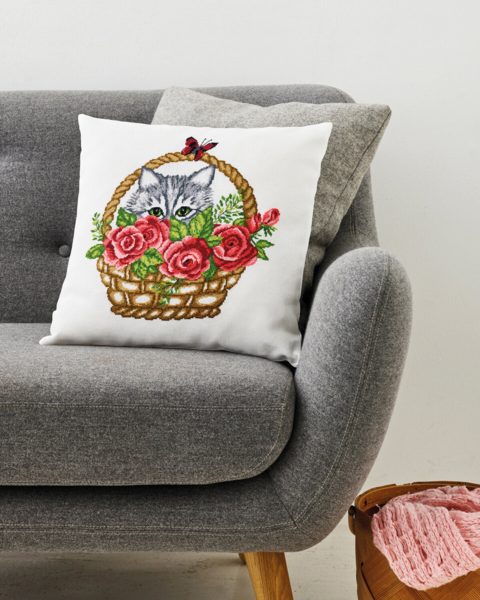 Kit de bordado Cesta & gato 39 x 39 cm