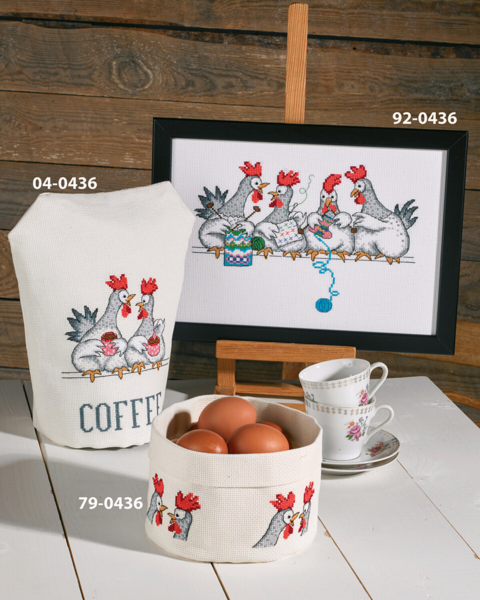 Kit de bordado "Charla de gallinas" calentador de café 23 x 27 cm