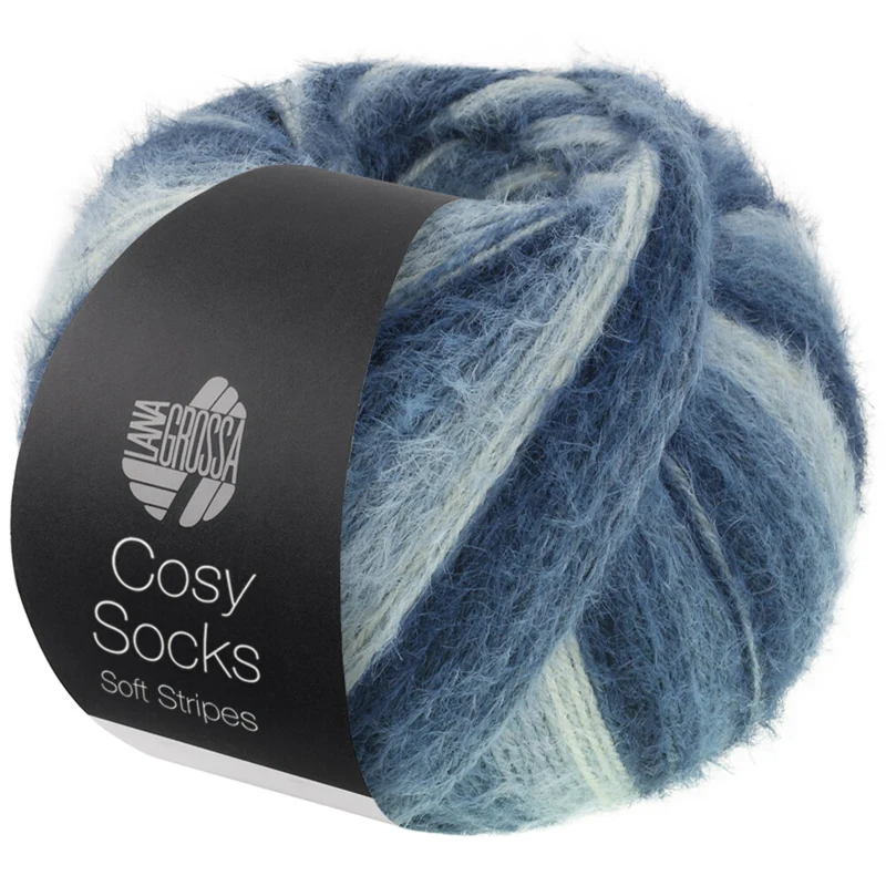 Lana Grossa Cosy Socks Soft Stripes 106 Negro azul/gris azul/azul humo/azul blanco