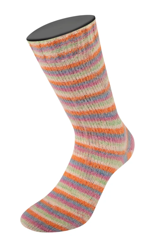 Lana Grossa Cosy Socks Multi Stripes 154 Gris oscuro/azul grisáceo/fucsia/verde claro/crema/naranja