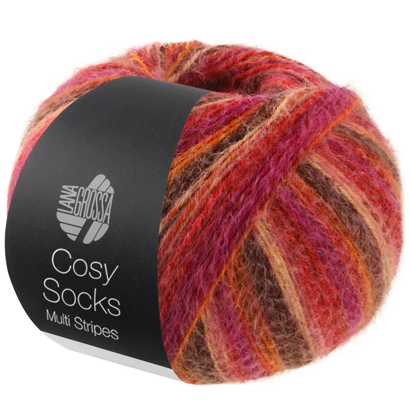 Lana Grossa Cosy Socks Multi Stripes 159 Rojo/fucsia/naranja/marrón oscuro/salmón