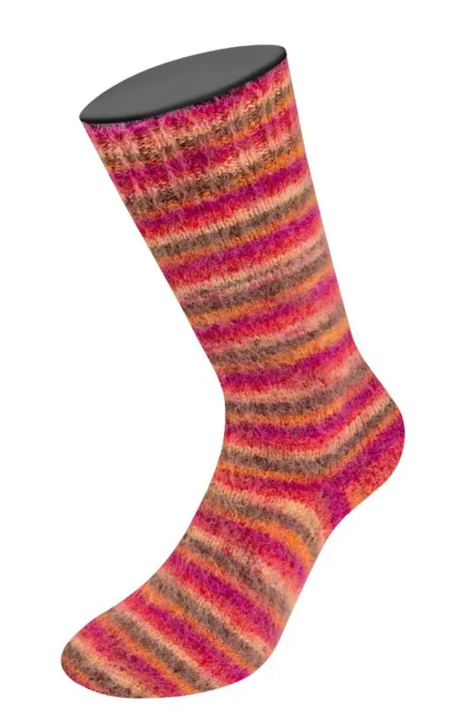 Lana Grossa Cosy Socks Multi Stripes 159 Rojo/fucsia/naranja/marrón oscuro/salmón
