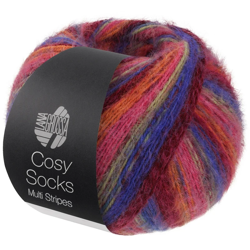 Lana Grossa Cosy Socks Multi Stripes 156 Azul violeta/rojo vino/calabaza/rosa/verde gris