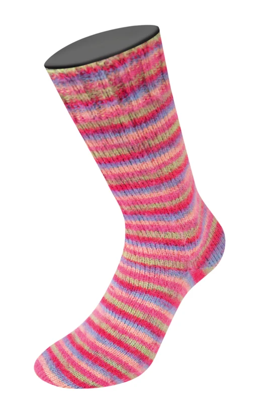 Lana Grossa Cosy Socks Multi Stripes 152 Rojo tulipán/azul violeta/rosa salmón/rosa/verde claro