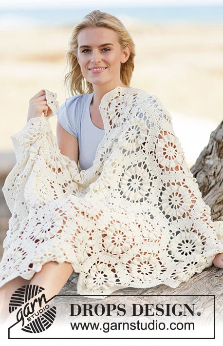 162-13 Sunshine by DROPS Design — Manta de ganchillo con hexágonos en DROPS Cotton Merino. Dos longitudes para elegir. — 2
