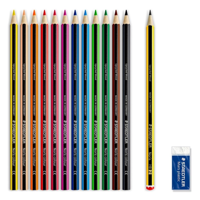 STAEDTLER Noris Club Lápices de Colores + Lápiz y Goma de Borrar, 12 + 2 piezas