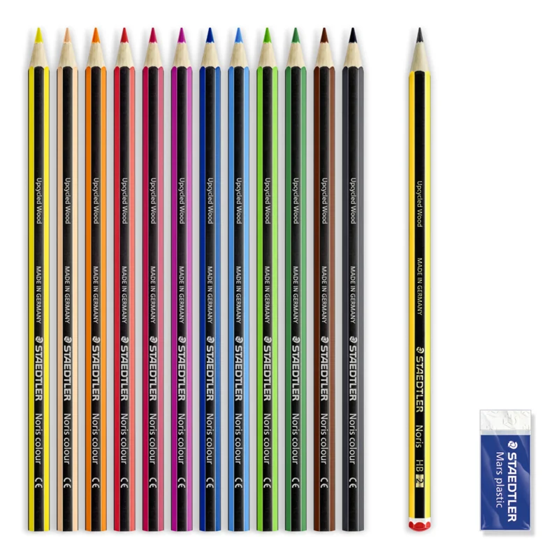 STAEDTLER Noris Club Lápices de Colores + Lápiz y Goma de Borrar, 12 + 2 piezas – Contenido