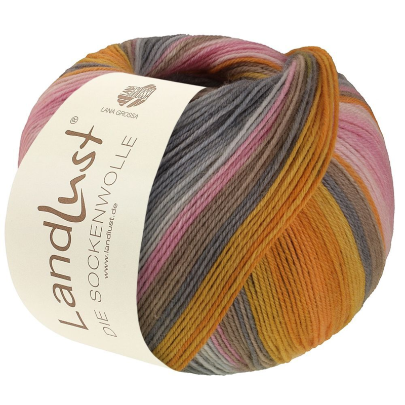 Lana Grossa Landlust Die Sockenwolle 132 Naranja/Yema de huevo/Naranja salmón/Gris/Beige grisáceo/Rosa pálido/Rosa/Clavel/Gris claro a rayas