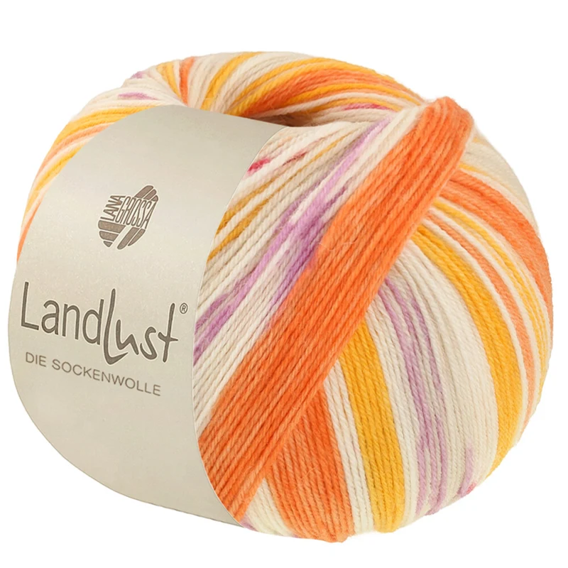 Lana Grossa Landlust Die Sockenwolle 723 Amarillo naranja/Rojo naranja/Crema/Violeta/Beige claro/Naranja salmón/Rojo