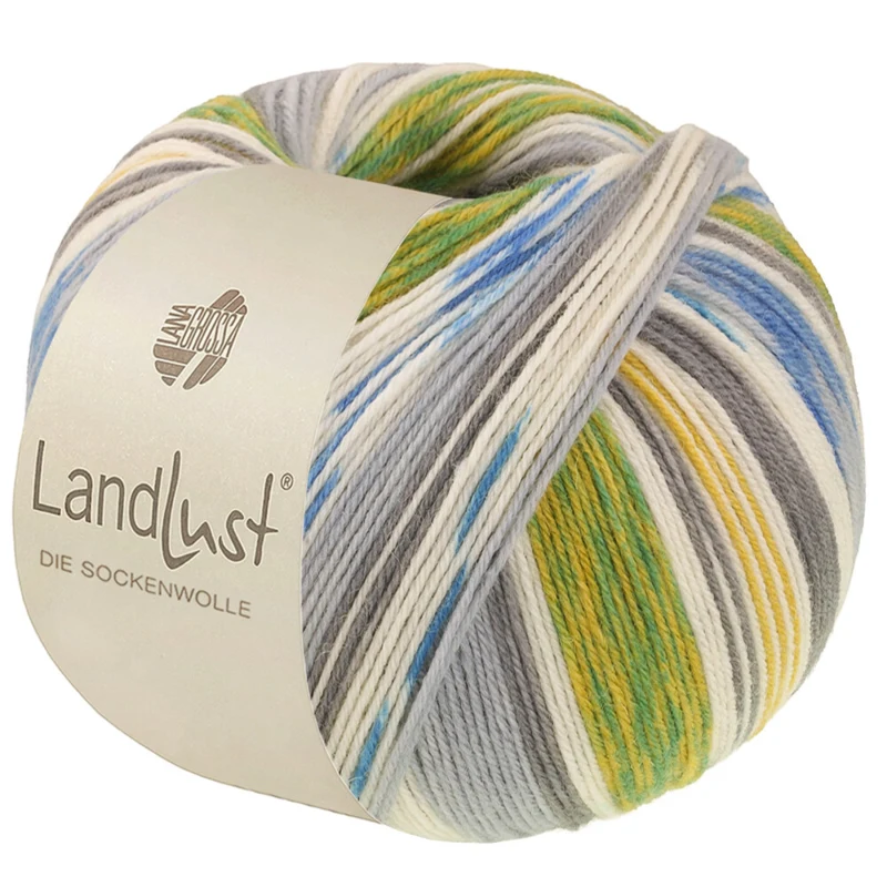 Lana Grossa Landlust Die Sockenwolle 724 Verde manzana/Amarillo mostaza/Crudo/Gris claro/Gris medio/Azul denim