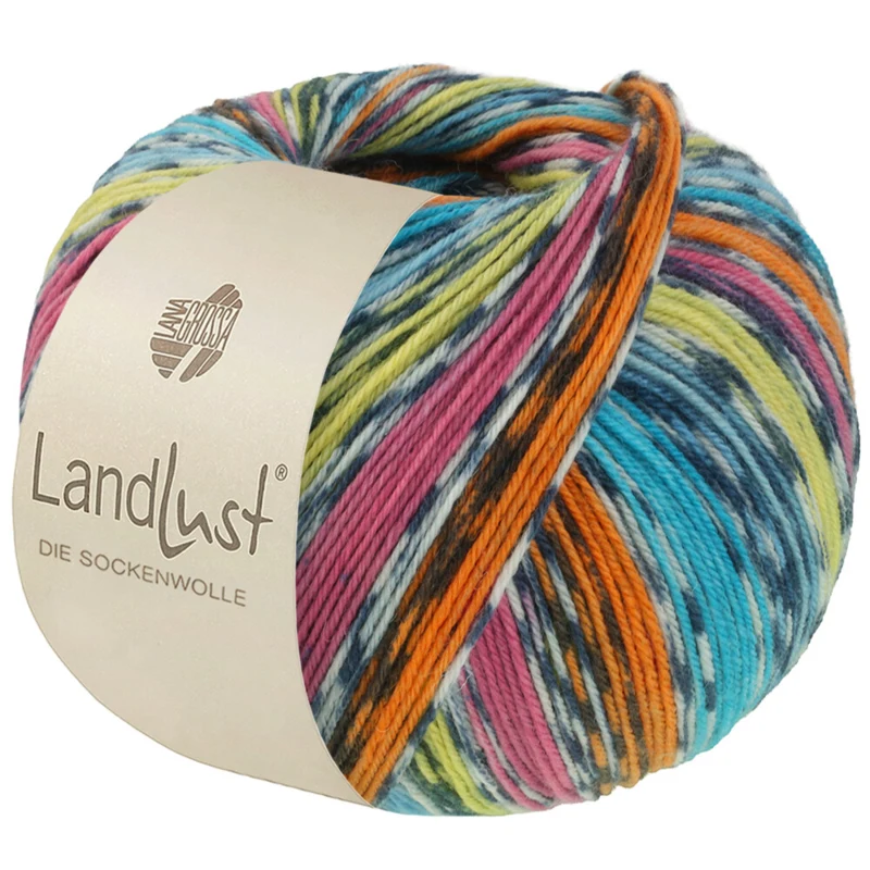 Lana Grossa Landlust Die Sockenwolle 825 Naranja/Rosa/Pistacho/Azul turquesa/Azul petróleo/Blanco roto/Gris oscuro