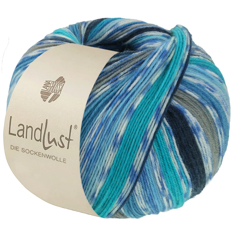 Lana Grossa Landlust Die Sockenwolle 823 Gris oscuro/Negro/Verde mar/Turquesa/Azul real/Azul petróleo/Blanco roto/Azul