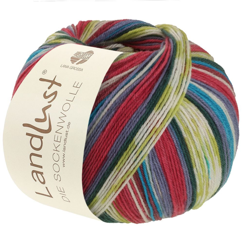 Lana Grossa Landlust Die Sockenwolle 717 Rojo frambuesa/Azul violeta/Blanco/Marrón canela/Verde mayo/Verde oscuro/Azul cielo