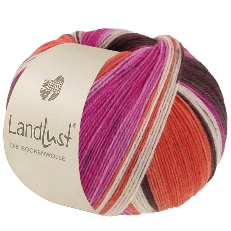 Lana Grossa Landlust Die Sockenwolle 135 Marrón grisáceo/Fucsia/Écru/Terracota/Orquídea rayado