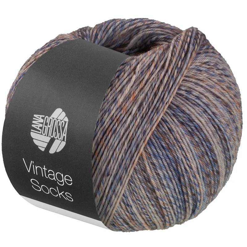 Lana Grossa Vintage Socks 1018 Beige/gris claro/gris oscuro/naranja/marrón oscuro jaspeado