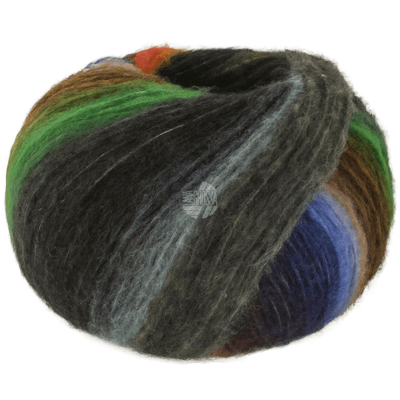 Lana Grossa Bomba 04 Óxido/petróleo oscuro/-oliva/blanco-/verde grisáceo/violeta/mora/amarillo grisáceo
