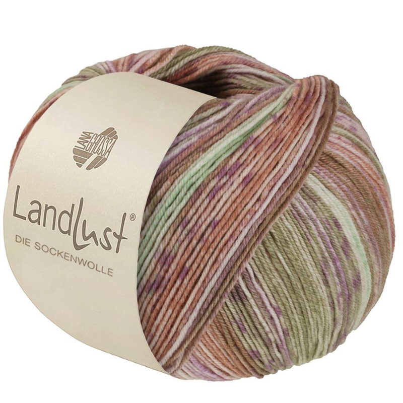 Lana Grossa Landlust die Sockenwolle Seide 332 Verde caqui/Beige/Violeta/Rosa/Melocotón/Verde suave a rayas