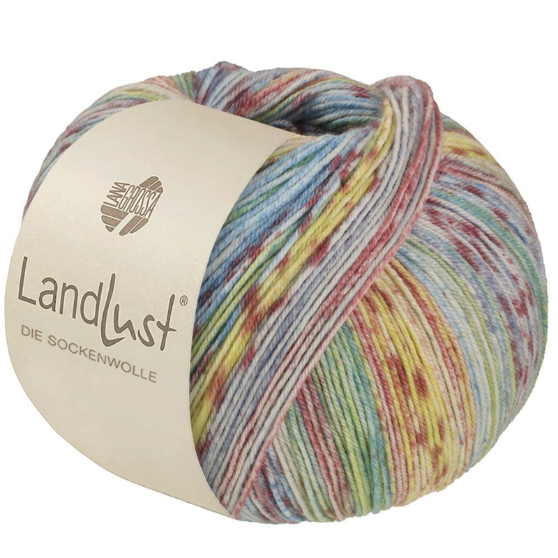 Lana Grossa Landlust die Sockenwolle Seide 331 Verde claro/-azul/Terracota/Vainilla/Ecru/Rosa antiguo/Gris claro a rayas