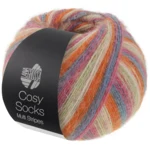 Lana Grossa Cosy Socks Multi Stripes 154 Gris oscuro/azul grisáceo/fucsia/verde claro/crema/naranja