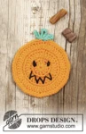 Extra 0-1389 Pumpkin Latte by DROPS Design — Posavasos de unos 11 cm de diámetro. Pesa unos 20 g; verde y negro se usan para pequeños detalles. — 2