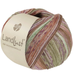Lana Grossa Landlust die Sockenwolle Seide 332 Verde caqui/Beige/Violeta/Rosa/Melocotón/Verde suave a rayas