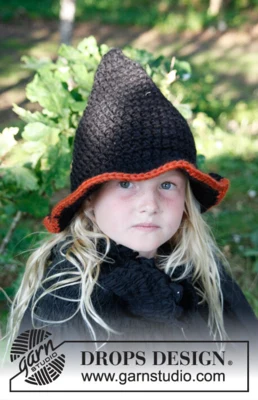Extra 0-779 Merlina by DROPS Design — Sombrero de bruja: 3/5, 6/9 y 10/14 años; cabeza: 50/52, 52/54 y 56/57 cm. — 1