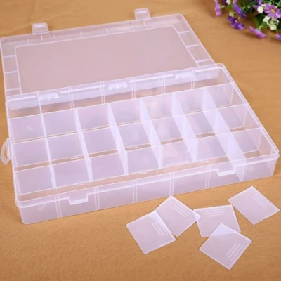 Caja de Plástico con Tapa, Transparente, 34,5x22 cm, 28 compartimentos